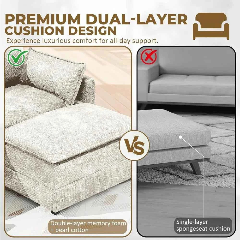 112.5" L-Shape Modular Sofa with Ottoman, Deep Seat Sleeper, 3 Throw & 2 Arm Pillows, Upholstered Furniture , Custom