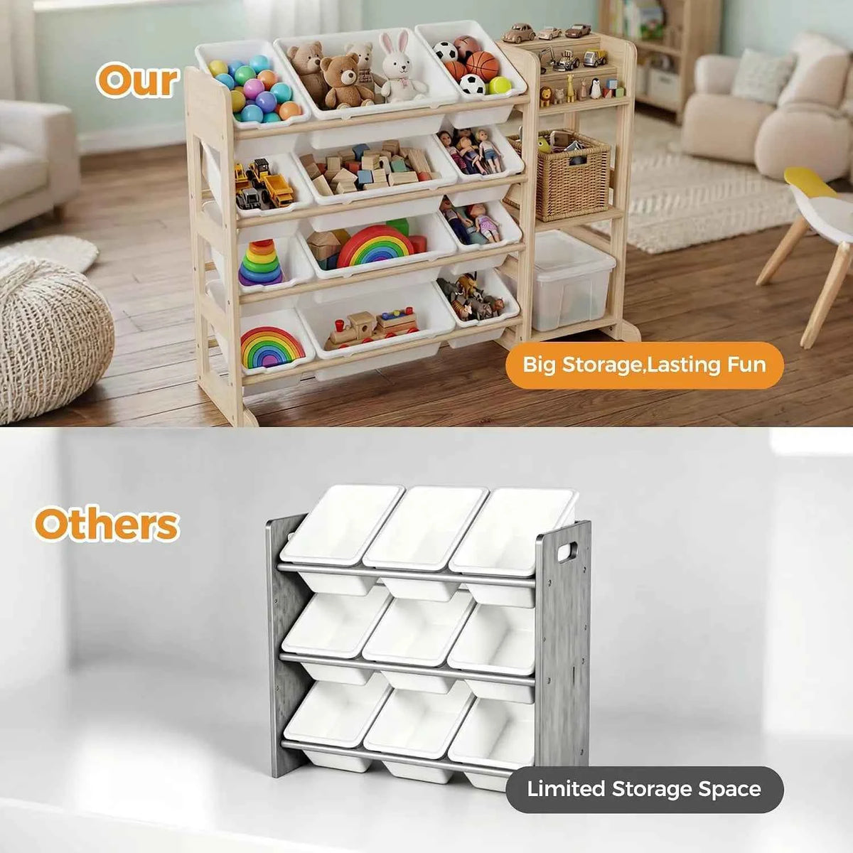 Tacleekii 42" 52" Wide Kids Toy Storage Organizer with 12 Bins & 3 Open Shelves. Solid Wood Storage Unit