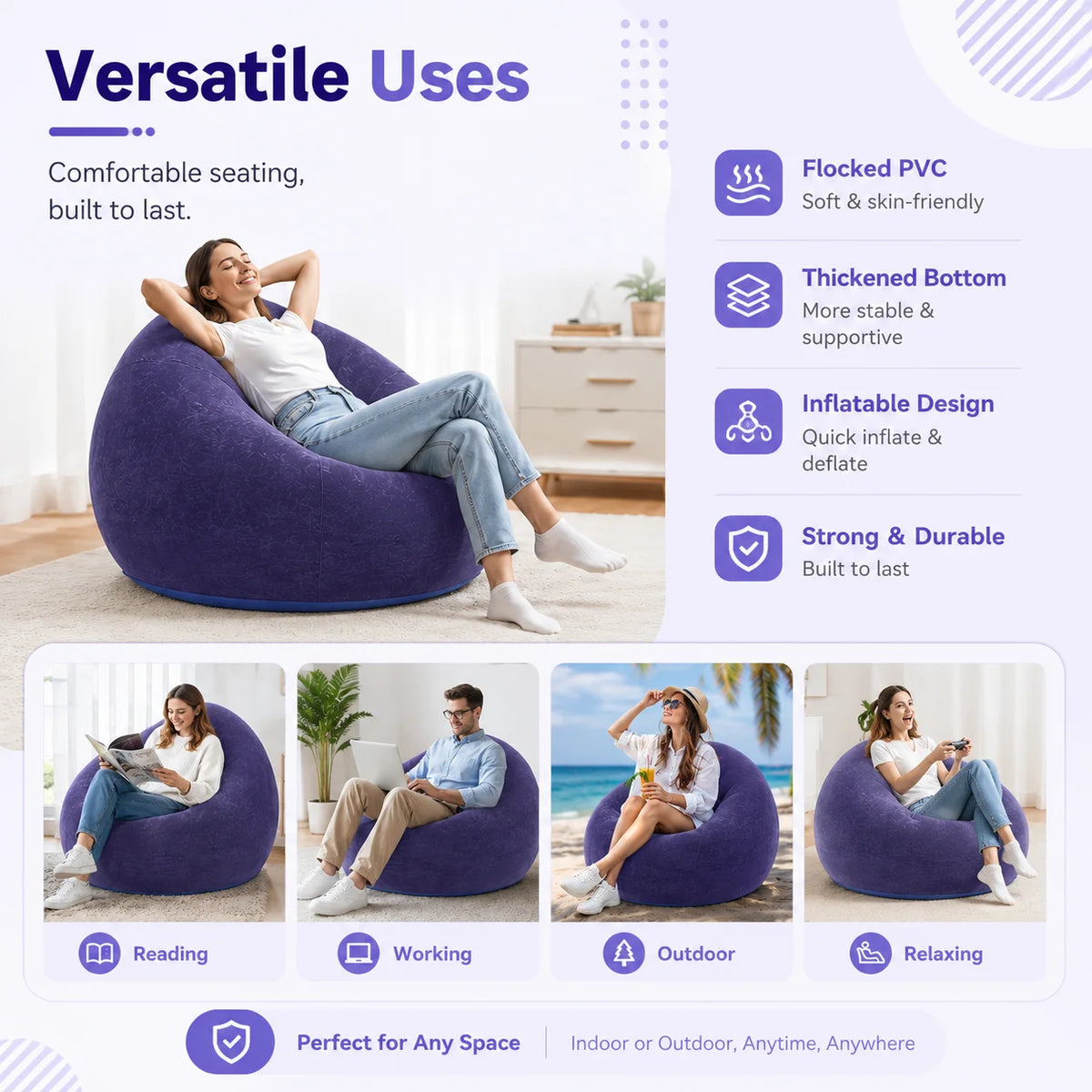 Inflatable & Portable Bean Bag Chair,  Soft Blow Up Lounge Chair, Foldable Air Couch with Quick Inflate Pump, Durable PVC Seating for Home, Space Saving, Easy Storage, Everyday Comfort, Indoor & Outdoor