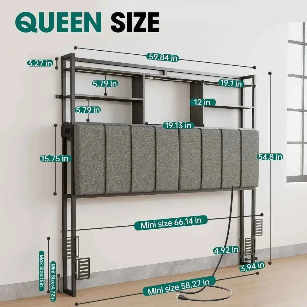 Tall Wood Headboard,  Queen Size with 3-Tier Storage Shelves with Linen Upholstered Head Board. Customized