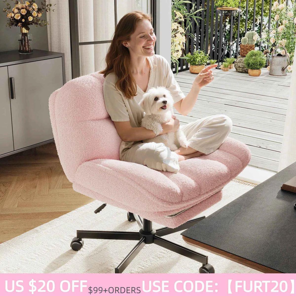 Thick Cushion Leisure Chair, Teddy Plush Cross Chair, Height Adjustable Desk Chair, Rolling Computer Chair with Footrest & Reclining Backrest