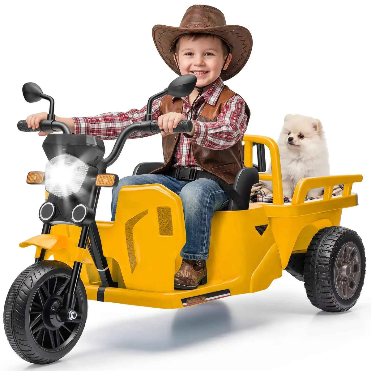 12V Kids Electric Tricycle With Trailer, 110W Ride On Motorcycle Tractor, Sand Shovel, Bluetooth Music, LED Headlight, 3 Speeds