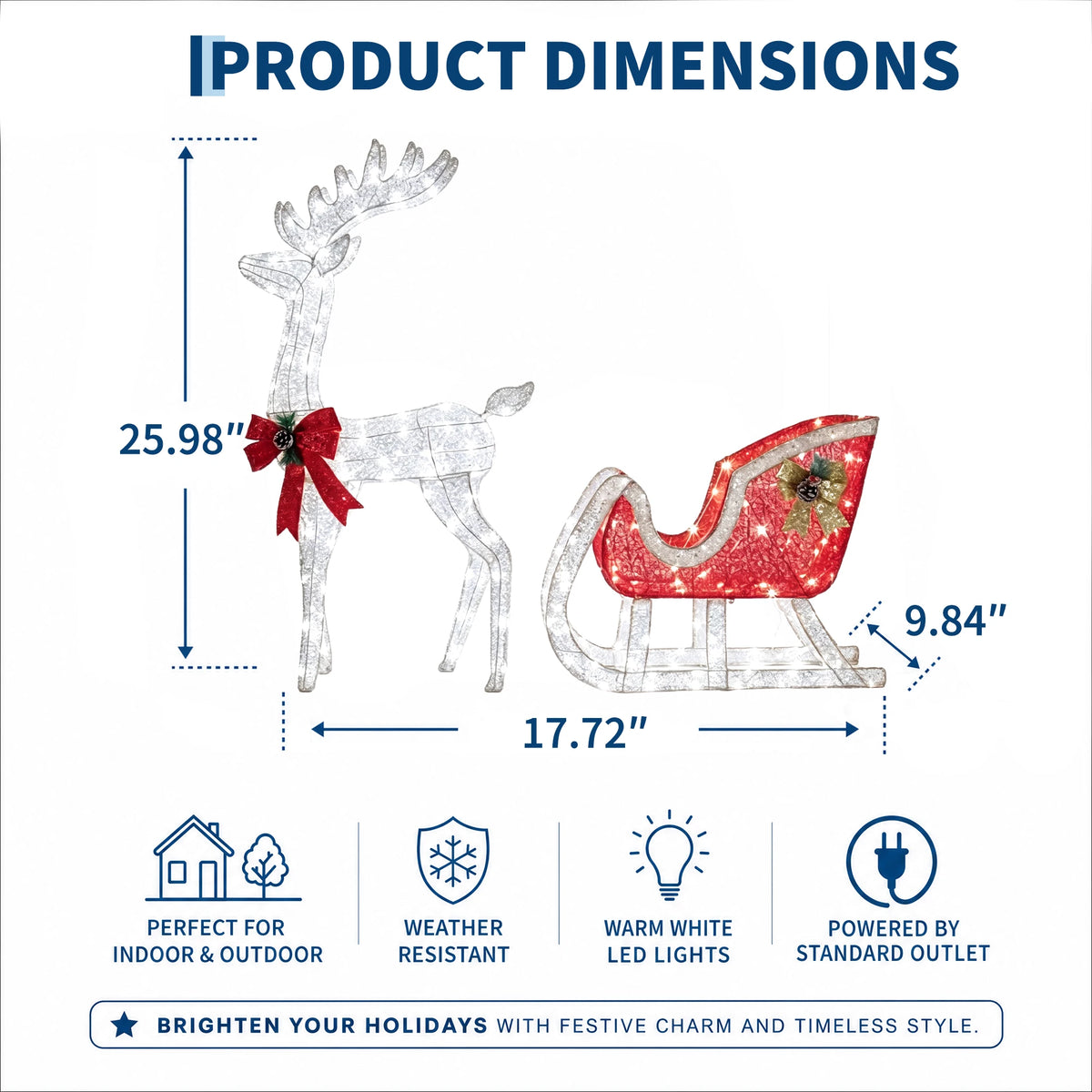 4ft Lighted Christmas Reindeer and Sleigh Outdoor Yard Decoration Set. Pre Lit White LED Holiday Display for Lawn Ornament for Winter Festival