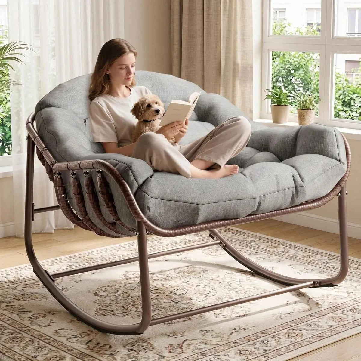Oversized Papasan Egg Rocking Chair. Heavy-Duty Frame 300 Lb. Wicker Lounge Patio Rocker with UV-Resistant Cushion Indoor/Outdoor for Porch & Garden