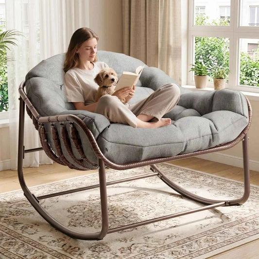 Oversized Papasan Egg Rocking Chair. Heavy-Duty Frame 300 Lb. Wicker Lounge Patio Rocker with UV-Resistant Cushion Indoor/Outdoor for Porch & Garden