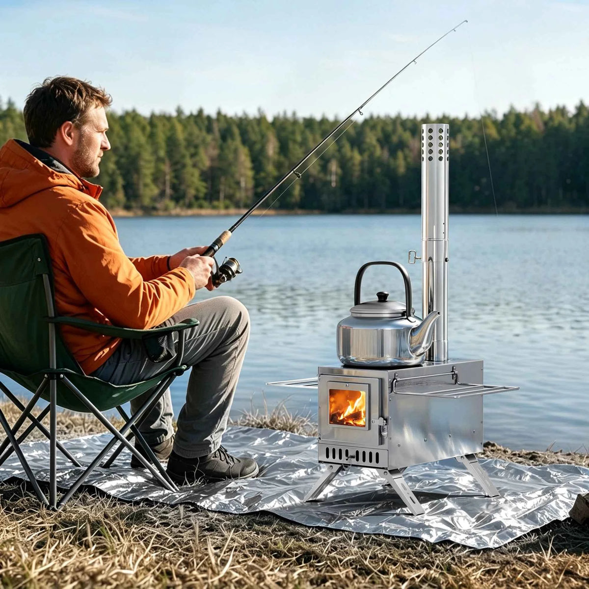 UNHO tent stove, portable wooden stove, large stainless steel tent fireplace, equipped with 6 chimney pipes, suitable for outdoor heating, cooking, hunting, barbecue and ice fishing.