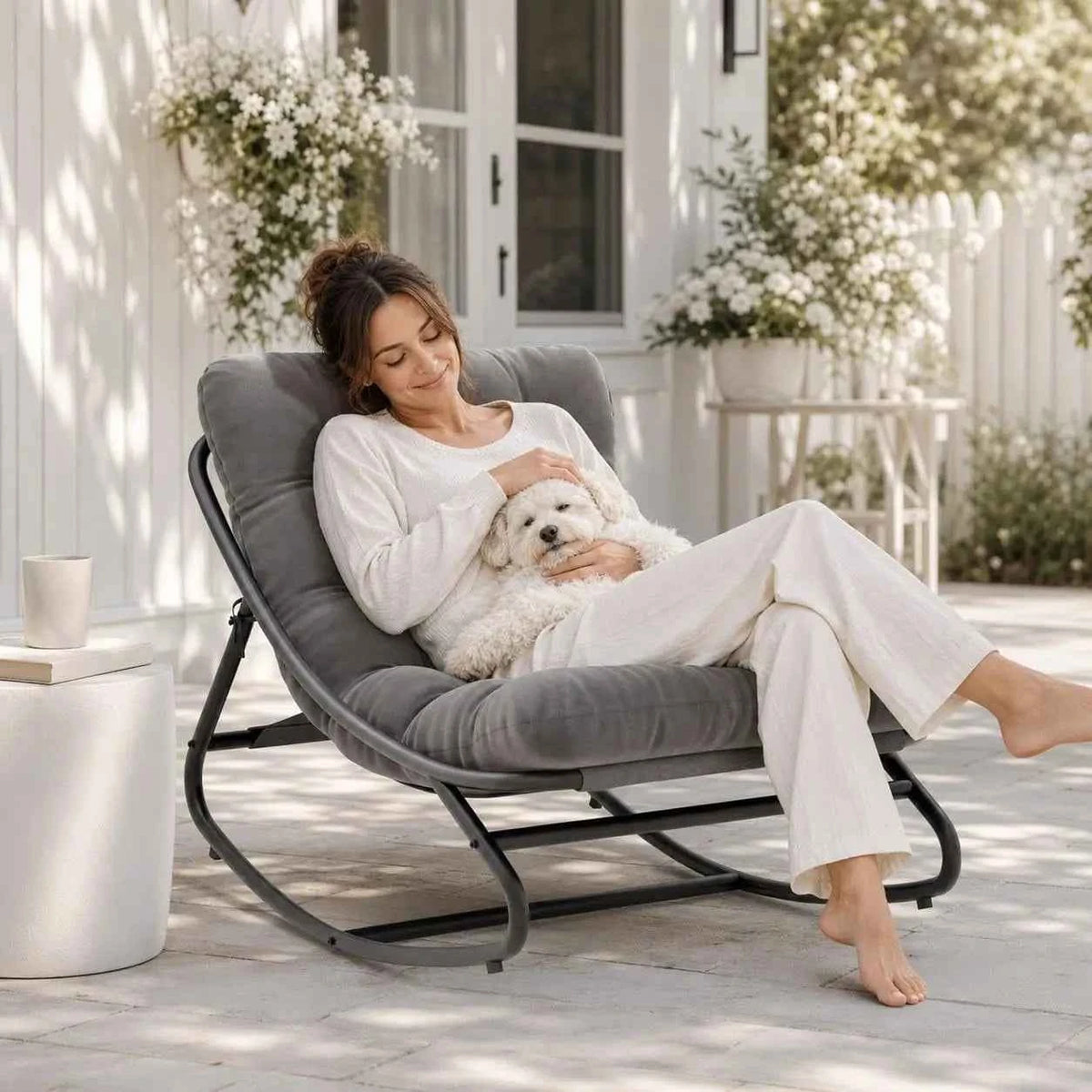 Papasan Rocking Chair Outdoor - Comfy Rocking Chair with Metal Frame, Adjustable Papasan Chair with Waterproof Cushion, 400lbs Capacity for Patio Porch Garden