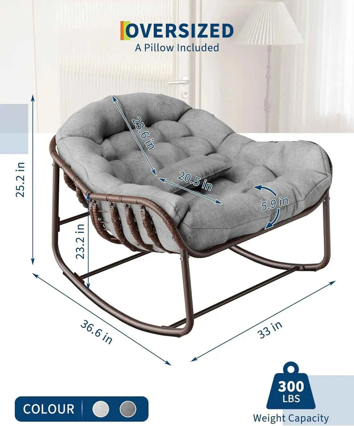 Oversized Papasan Egg Rocking Chair. Heavy-Duty Frame 300 Lb. Wicker Lounge Patio Rocker with UV-Resistant Cushion Indoor/Outdoor for Porch & Garden