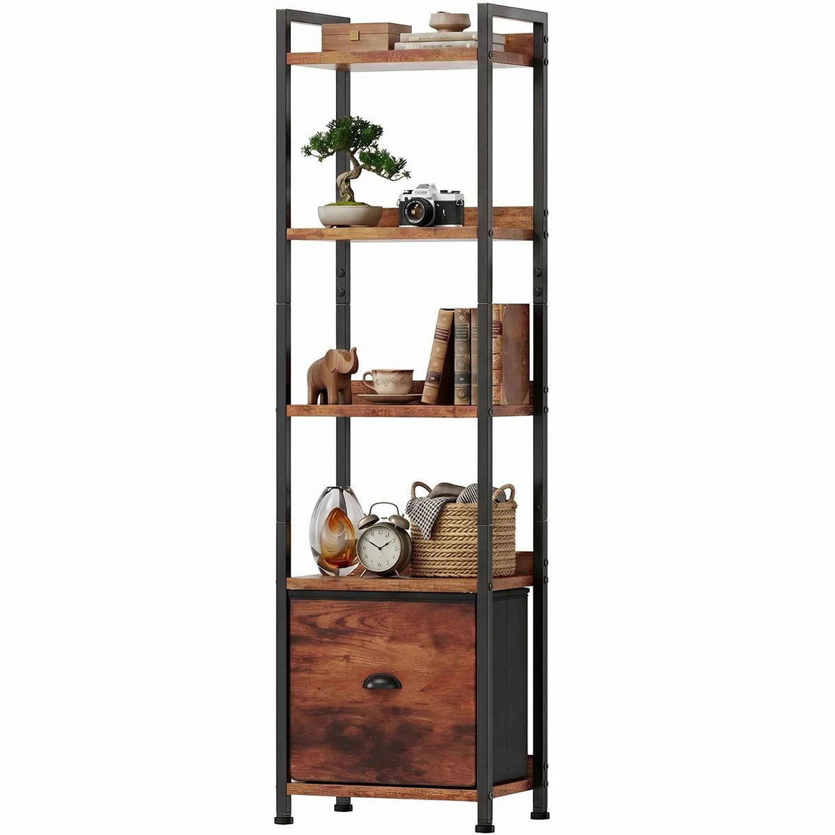 MCQ 5 Tiers Metal Classic Bookshelf with Drawer.  Freestanding Tall Display Shelving. Sturdy Structure. Graduated Shelves