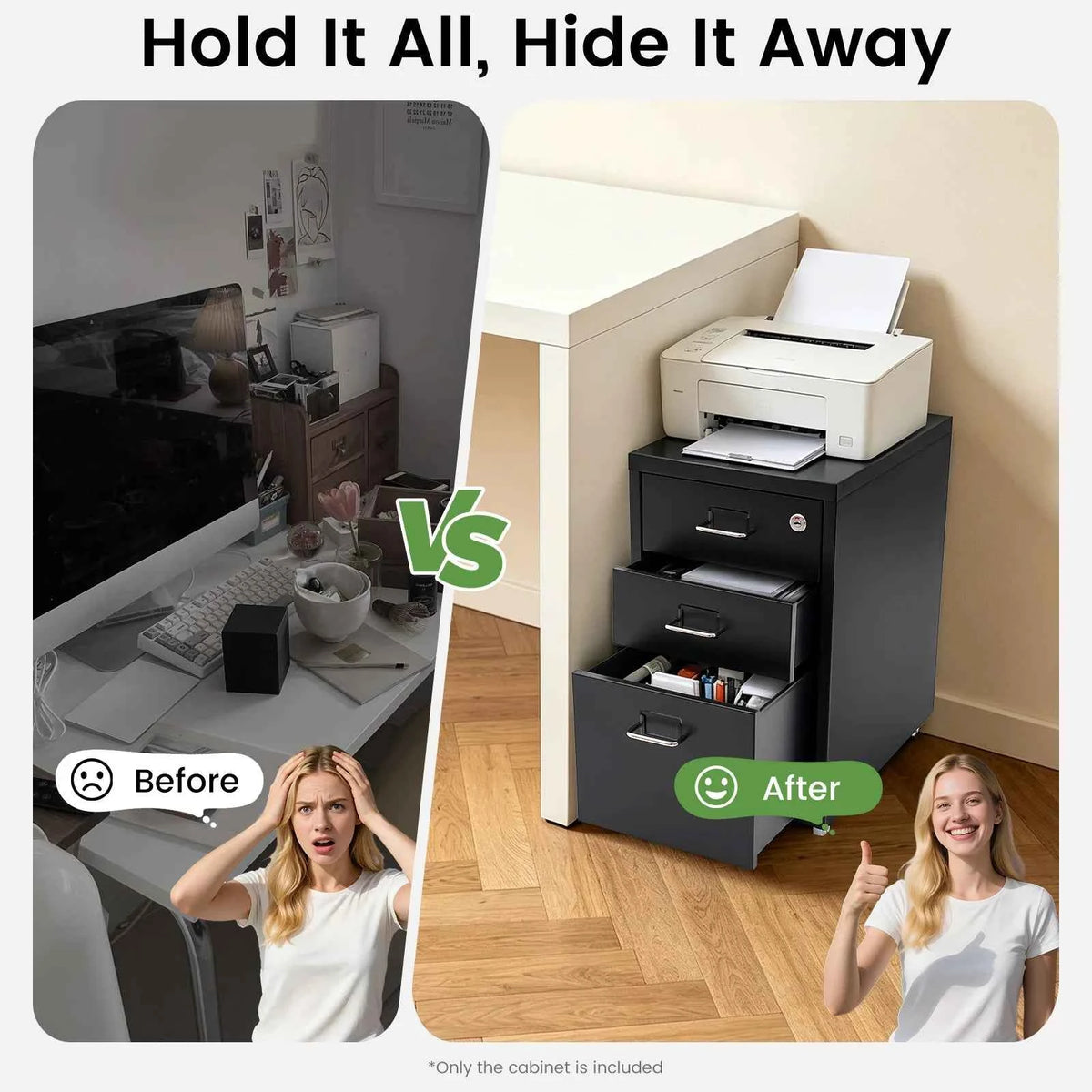 Black Lockable 3-Drawer Mobile File Cabinet Under Desk. Rolling Steel Storage Cabinet with Wheels Silent Slide Drawers