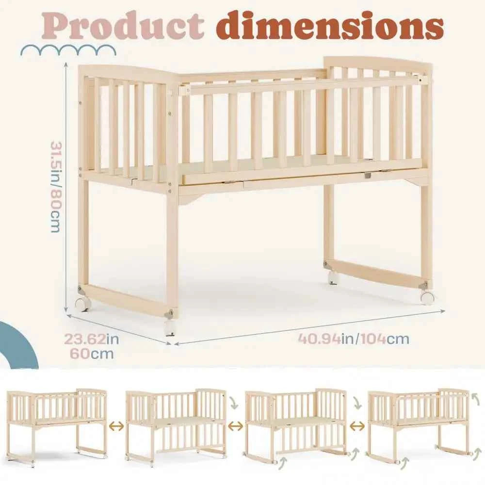 Detachable Fence Baby Crib, lightweight baby Crib with Wheels, Easy to Move around the Room, Made of Pine Wood Material