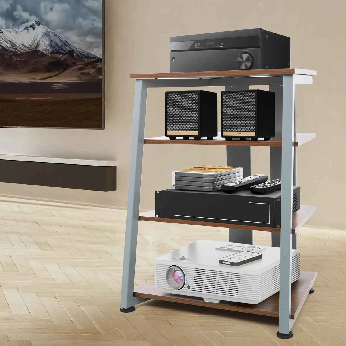 4‑Tier AV Media Stand with Cable Management. Carbon Steel Stereo Rack for Home Theater.