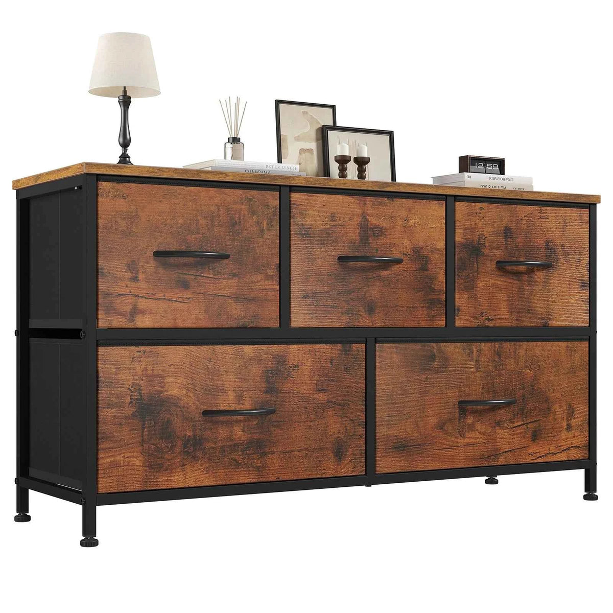 MCQ 5 Drawer Furniture. Wide Fabric Storage Tower with Wooden Top and Metal Frame