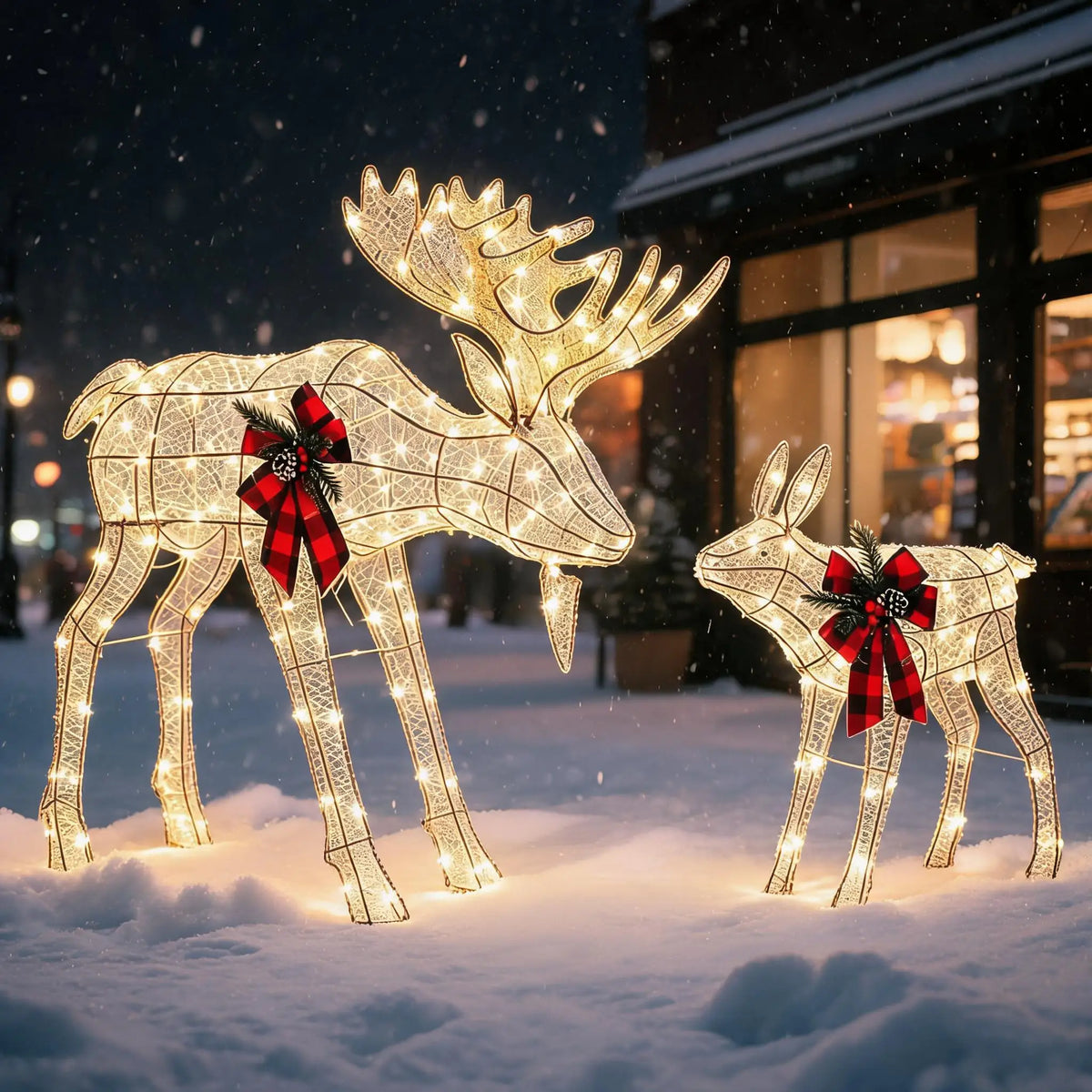 2 Piece Lighted Christmas Reindeer Family. Outdoor Yard Decoration with 240 LED Lights. Gold Glowing Reindeer Lawn Ornament.