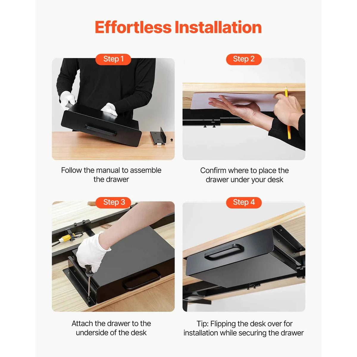 13in/22in Under Desk Drawer, Slide Out Desktop Storage Box Mounted Pullout Undertable Drawer Organizer 