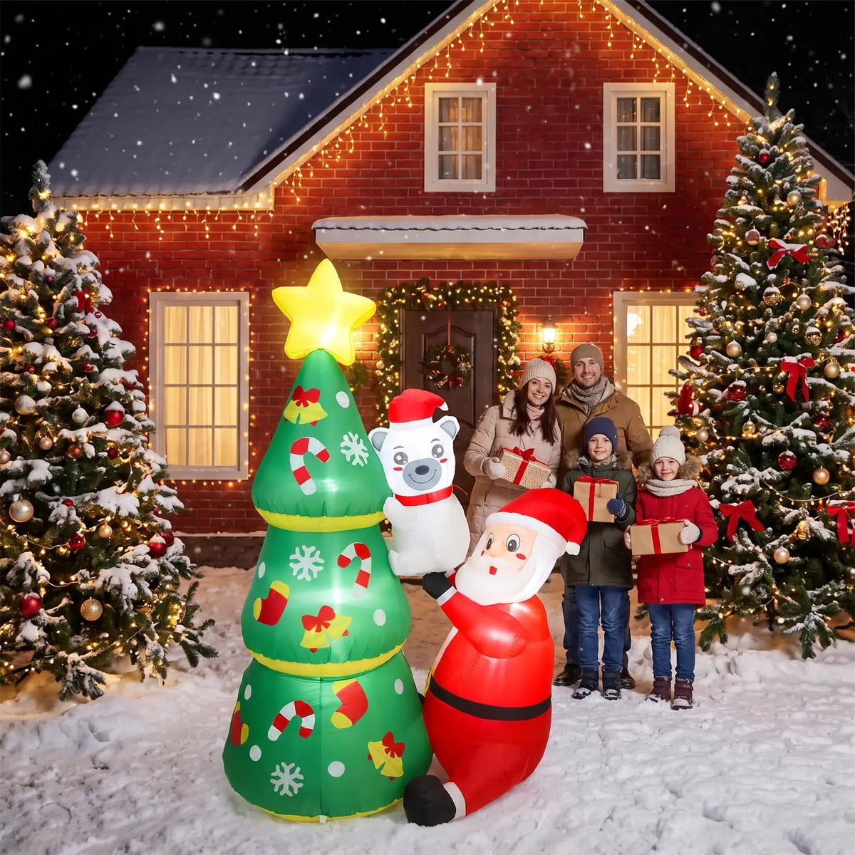 7ft Christmas Inflatable Santa & Polar Bear With Tree, Lighted Blow Up Yard Decor With Leds, Blower and Stakes. For Home Lawn, Garden, or Porch