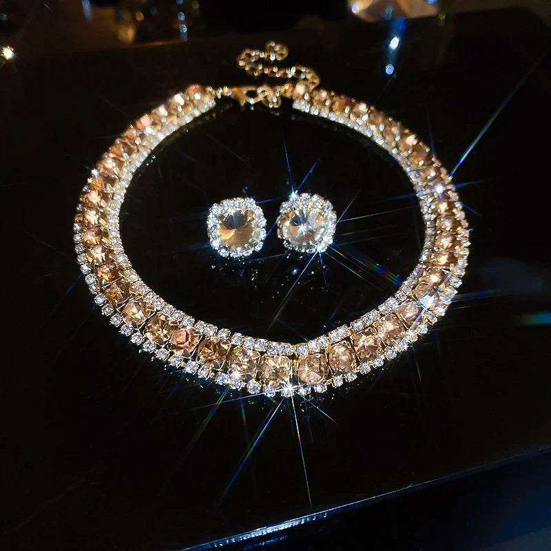 Women Trendy Rhinestone Decorated Jewelry Set.  Necklace and Earring Kit. Elegant Fashion Accessory For Daily use.