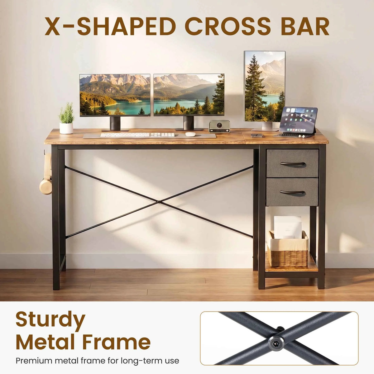 MCQ 47 Inch Standing Office Computer Desk with Drawers and Side Hook. Ergonomic. With Storage, X‑Frame Stability For Home, Office, Small Space