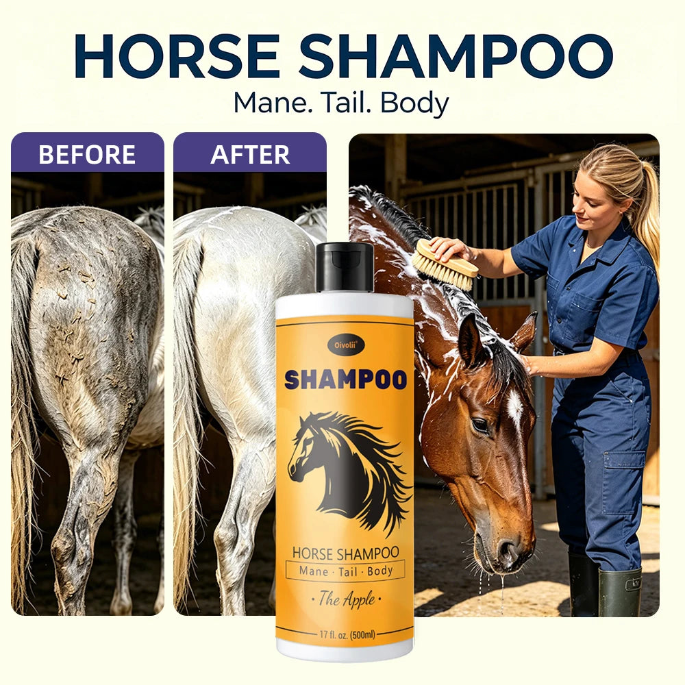 Horse Shampoo & Conditioner, 500ml, Apple Scented, Gentle Moisturizing for Mane & Tail Care. Deep Nourishing for Coat. Full Body Cleaning for Shiny Hair
