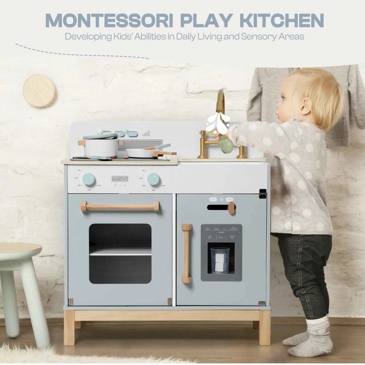 ROBUD Wooden Kids Kitchen Playset with Sound, Light, Stove, Oven Pot, and Utensils. Educational Role Play Toy Gift for 3-6 Years, White