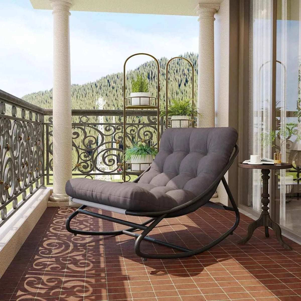 Papasan Rocking Chair Outdoor - Comfy Rocking Chair with Metal Frame, Adjustable Papasan Chair with Waterproof Cushion, 400lbs Capacity for Patio Porch Garden
