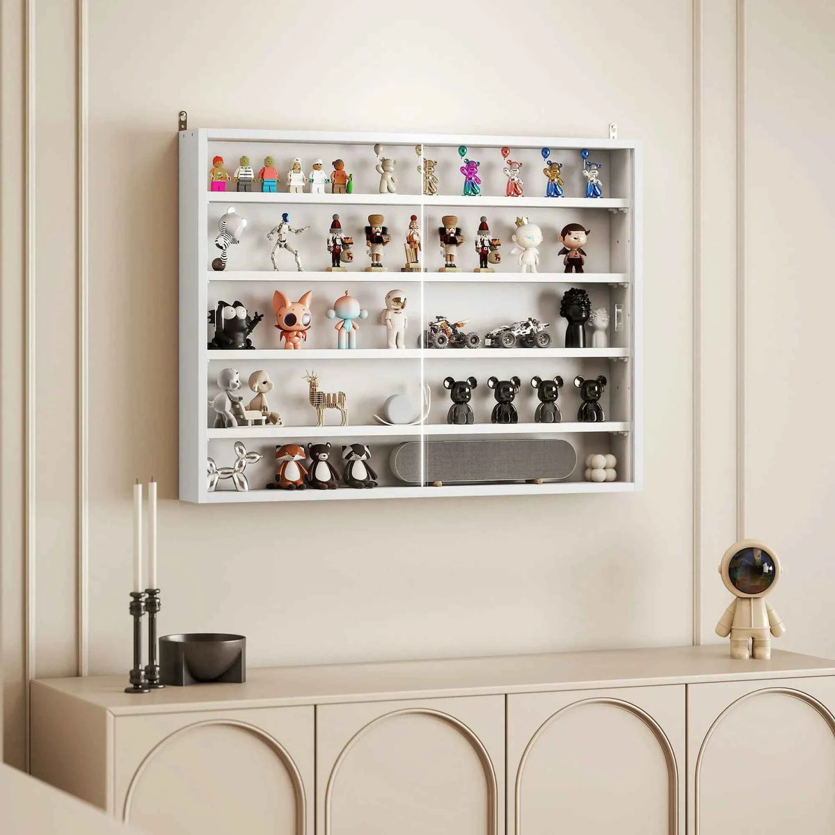 Homcom 5-Tier Display Cabinet, Glass Door Cabinet with Adjustable Shelves, Wall-Mounted Display Case for Playroom, Bedroom.  White