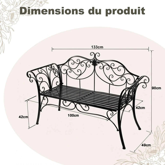 HLC Wrought Iron Two-Seater Garden Bench with Decorative Wrought Iron Backrest, Outdoor Garden Bench, 133x90x49 cm, Balcony, Patio, Rust-Proof, Black