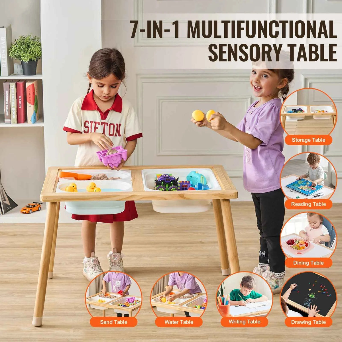 SucceBuy Wooden Sensory Table for Kids Activity with 3 Foldable Storage Bins & Double-Sided Board.  Indoor/Outdoor for Studying
