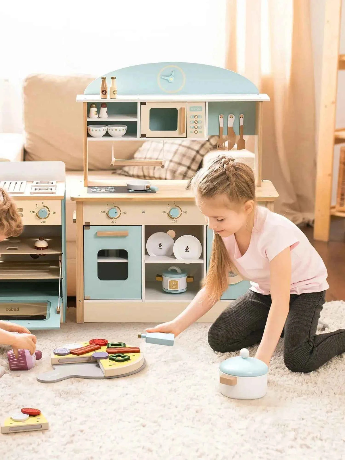 Robud Kids Wooden Play Kitchen. All in One Corner Set Includes Oven, Refrigerator, Washer. Perfect Gift for Little Chefs