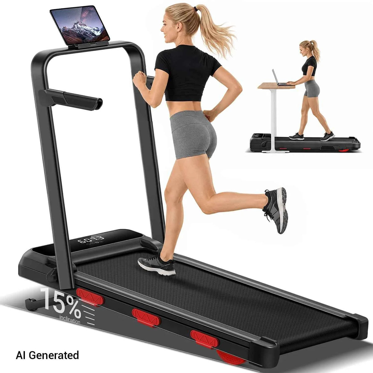 ROBORE  X9F 15% Auto Incline Treadmill, 7.5 MPH Folding Walking Pad with Safety Handle, Quiet Powerful Motor, 12 Speed Levels, 6-Layer Shock Absorption, LED Display Under Desk Treadmill for Home Workout, Walking, Jogging & Ru