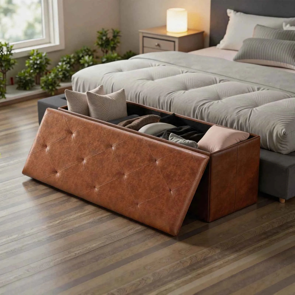 Tufted Faux Leather Storage Bench Folding Footrest Ottoman with 400lbs Weight Capacity,