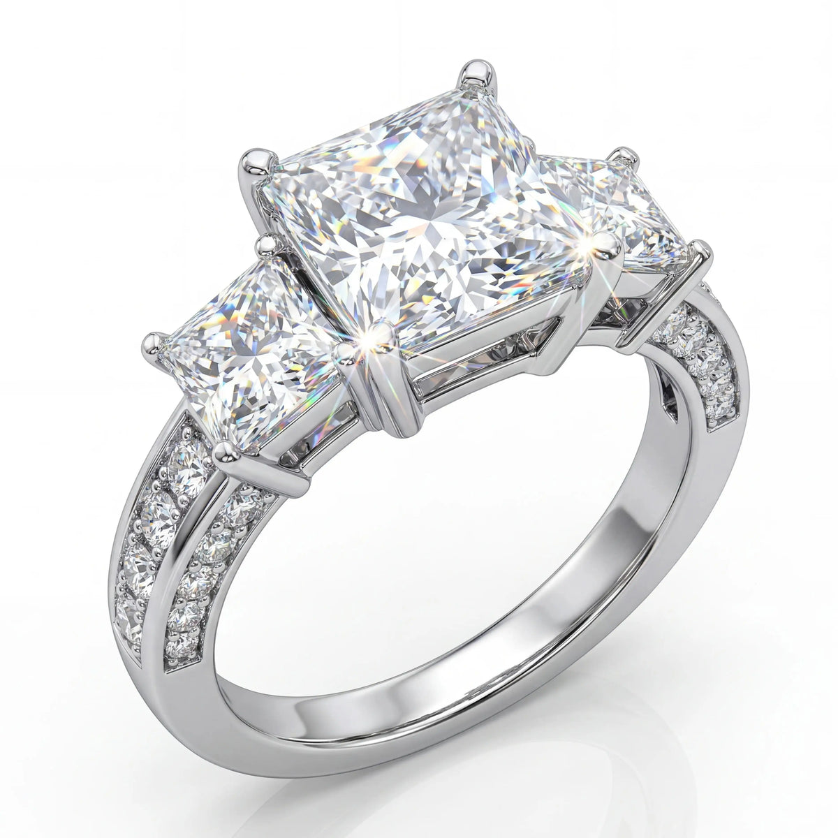 Princess Cut Three Stone Moissanite Ring, S925 Silver, D Color VVS1, 3ct, Hip Hop, Passes Diamond Tester