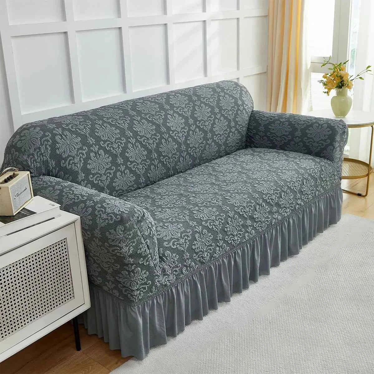 1pc European Jacquard Non-slip Sofa Slipcover with Skirt. Relief Embossed Sofa Covers