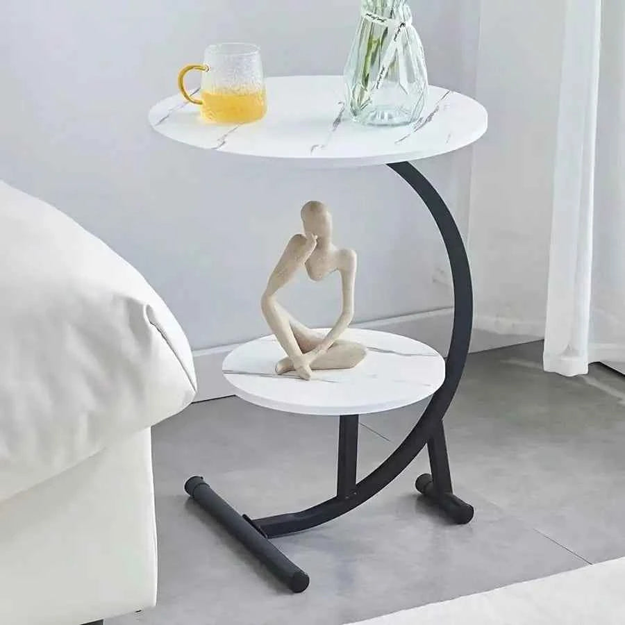 Round C Shaped 2 Tier Side Table with Modern Faux Marble.  Metal Frame. Space Saving and Small