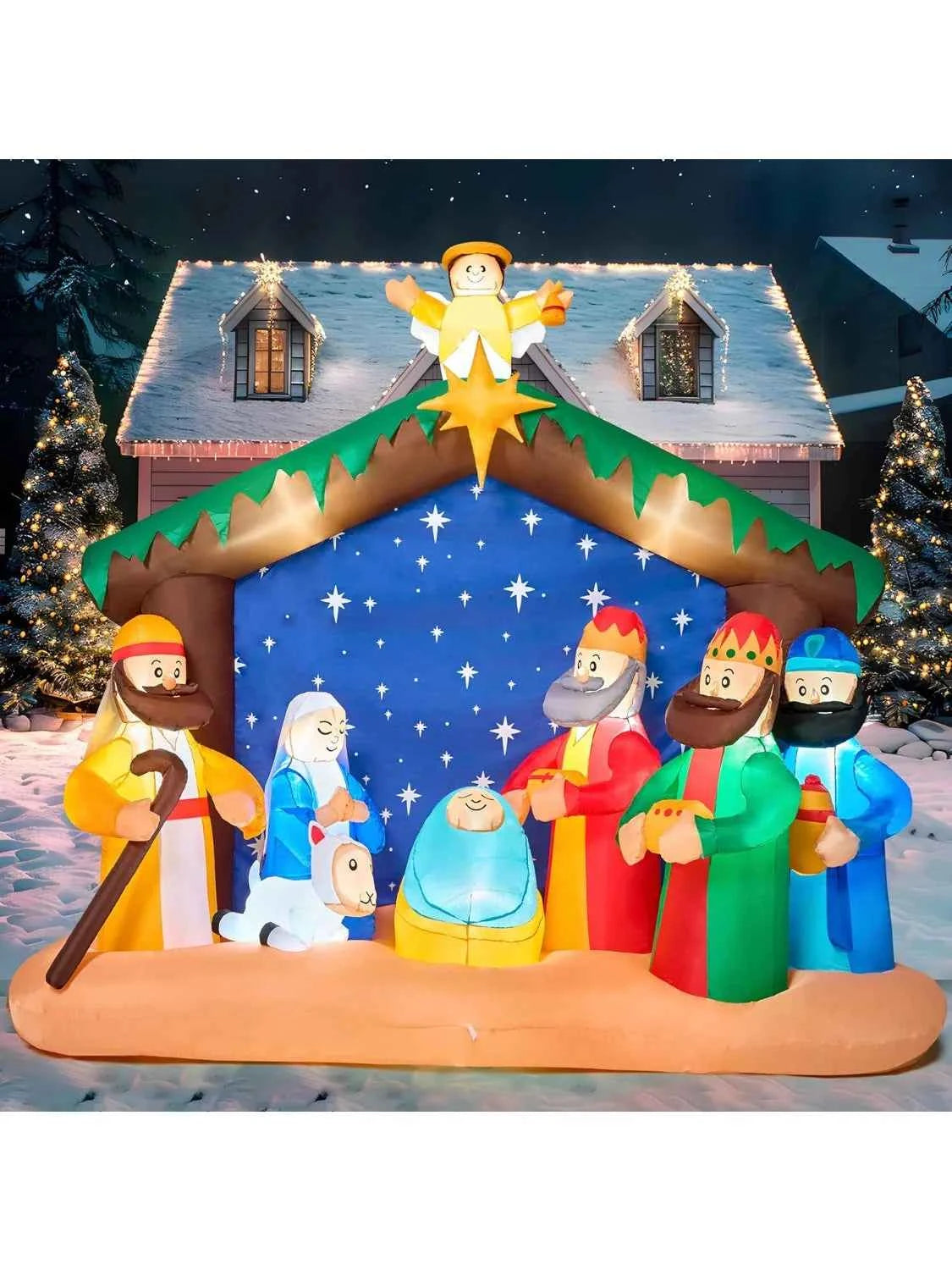 JOYFY 8 FT Long Christmas Inflatables Nativity Scene. Christmas Nativity Set with Build-in LEDs for Xmas Party. Yard Décor