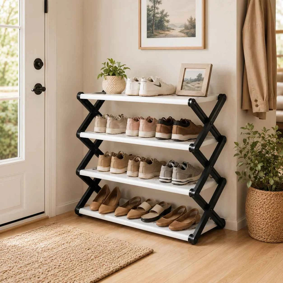 Foldable Shoe Rack, Space-Saving Entryway Shoe Organizer with Stable X-Frame, PP Shelves & Steel Tubes, No Assembly Needed