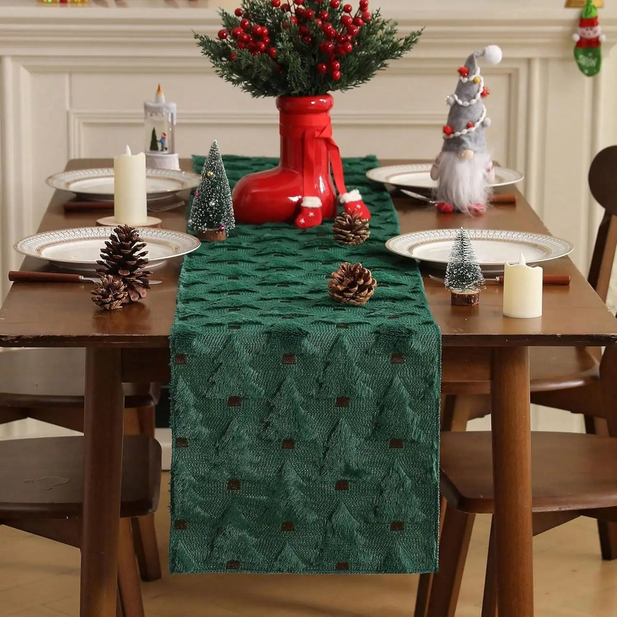1pc Christmas Table Runner, 13x72/13x36 Inches, Soft Plush, Faux Fur Jacquard Red Christmas Tree Table Runner,