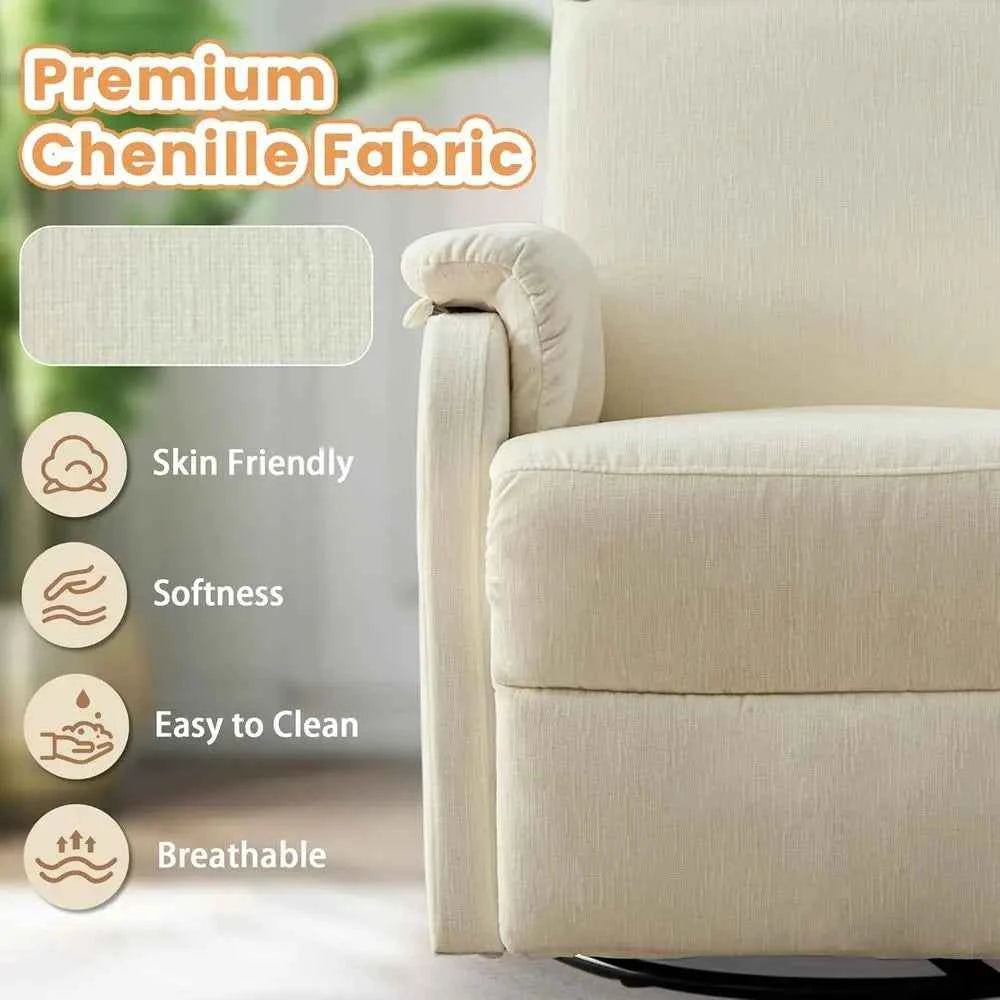 Beige Chenille Swivel Rocking Recliner Chair for Adults and Small Nursery Rooms