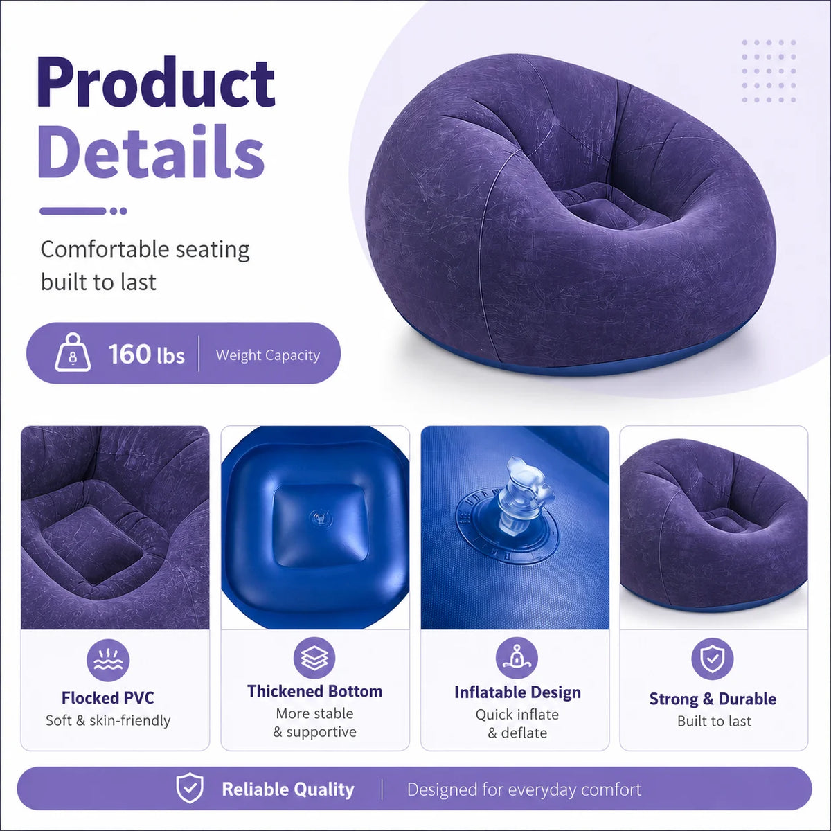Inflatable & Portable Bean Bag Chair,  Soft Blow Up Lounge Chair, Foldable Air Couch with Quick Inflate Pump, Durable PVC Seating for Home, Space Saving, Easy Storage, Everyday Comfort, Indoor & Outdoor