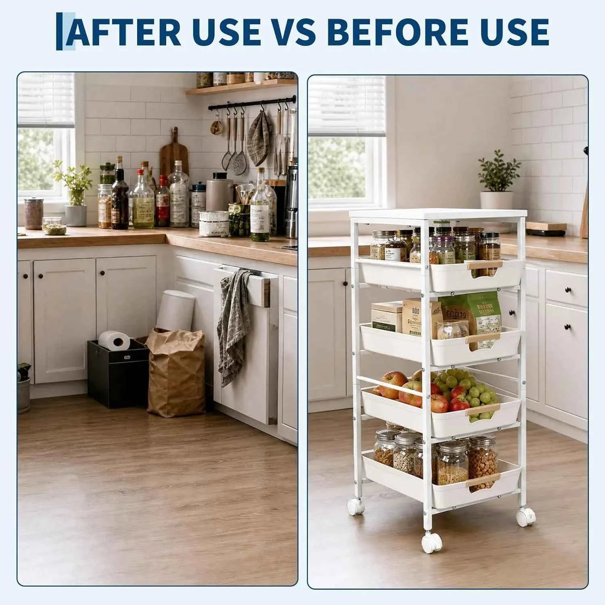 5-Tier Slim Rolling Storage Cart, Narrow Kitchen Cart with Wooden Top and Pull-Out Baskets, Mobile Shelving Unit Organizer for Kitchen, Bathroom, Laundry