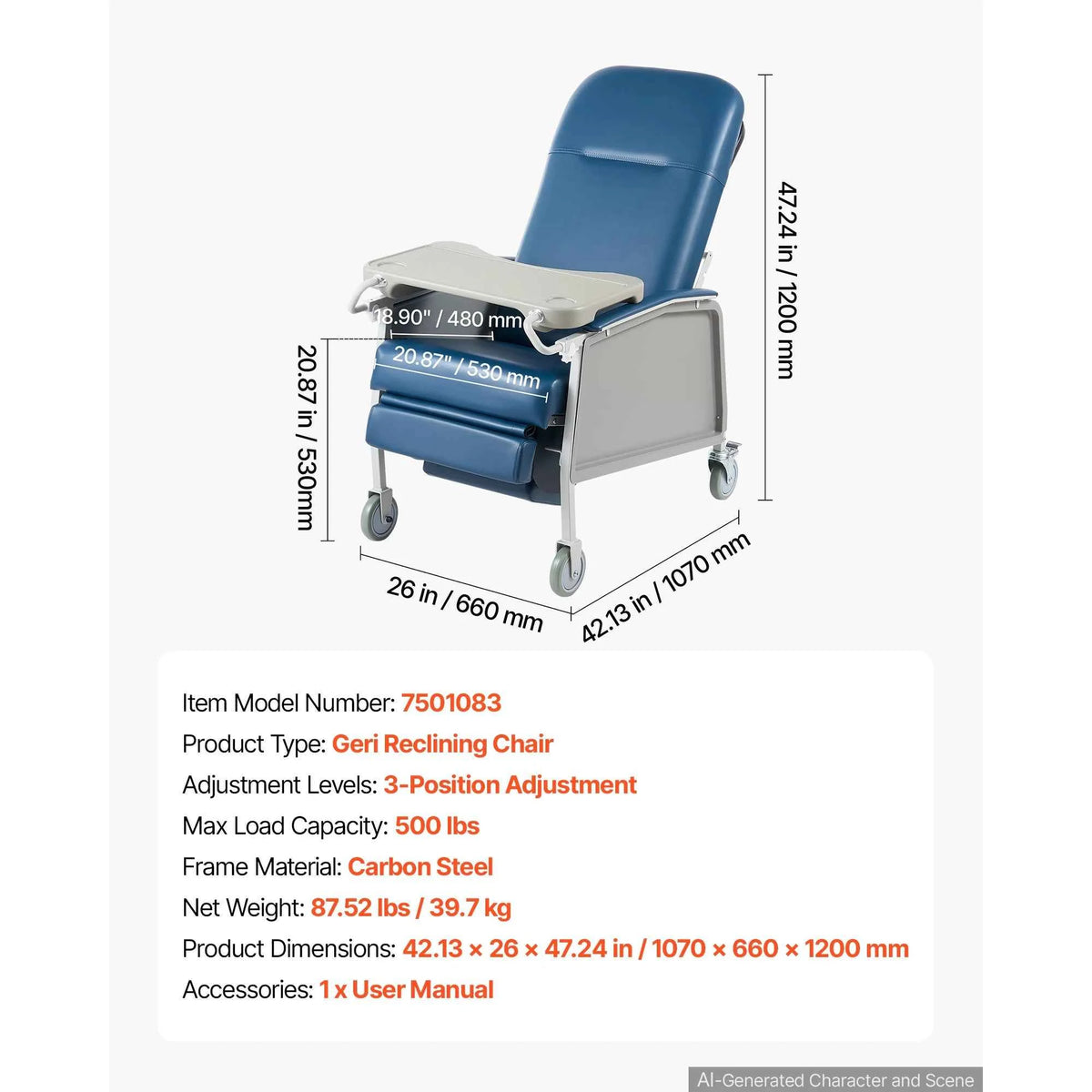 SucceBuy Geri Chair Recliner 3-Position Reclining Geri Chair Movable Recliner Chair with Wheels Ideal for Hospital, Nursing Home