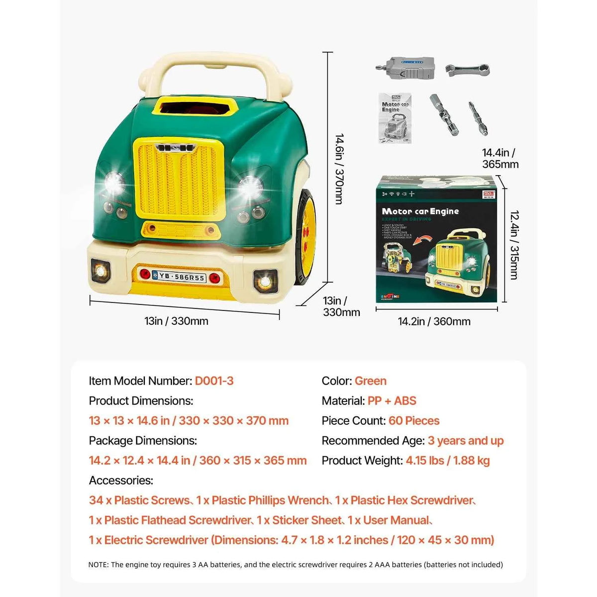 SucceBuy 60 Pcs Kids Mechanic Car Repair Set with Removable Parts & Horn. Workshop Set Engine Toy for Toddler & Children