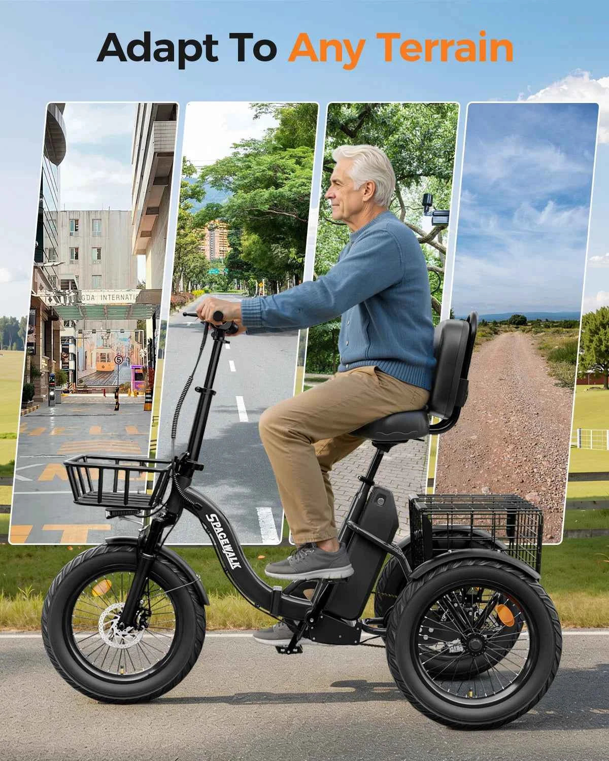 Spacewalk 1200W Peak Electric Trike for Adults, 48V, 15Ah Battery, 3 Wheel Electric Bike with 60 Miles Range, 18×3.0 Fat Tires, Dual Disc Brakes, Rear Cargo Basket, Adjustable Comfort Seat, Folding E Tricycle for Seniors-Bla