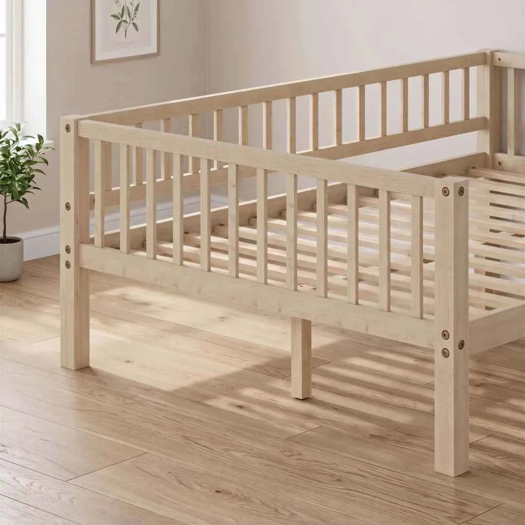Full Size Daybed Frame with 3-Sided Guardrails, Wood Slat Support Breathable Leisure Bed for Kids Bedroom, Natural