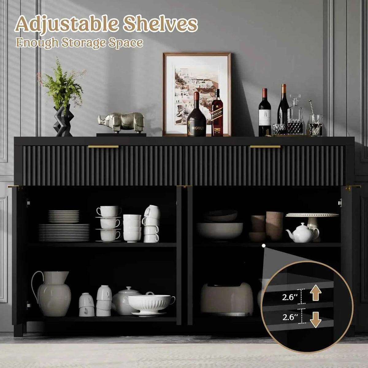 55" Fluted Wood Buffet Sideboard Cabinet, Adjustable Shelves. Custom