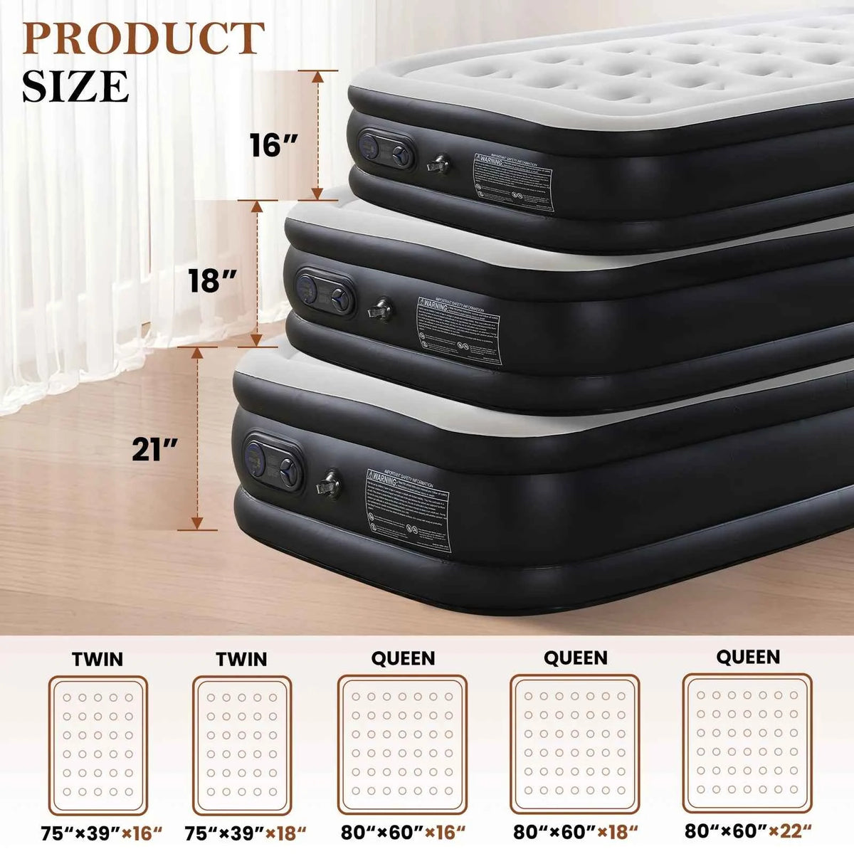 JHK Queen Or Twin Size Air Mattress. Blow Up Double Height with Non-Slip Bottom. Weight Capacity 660 lbs. Air Bed for  Home or Camping