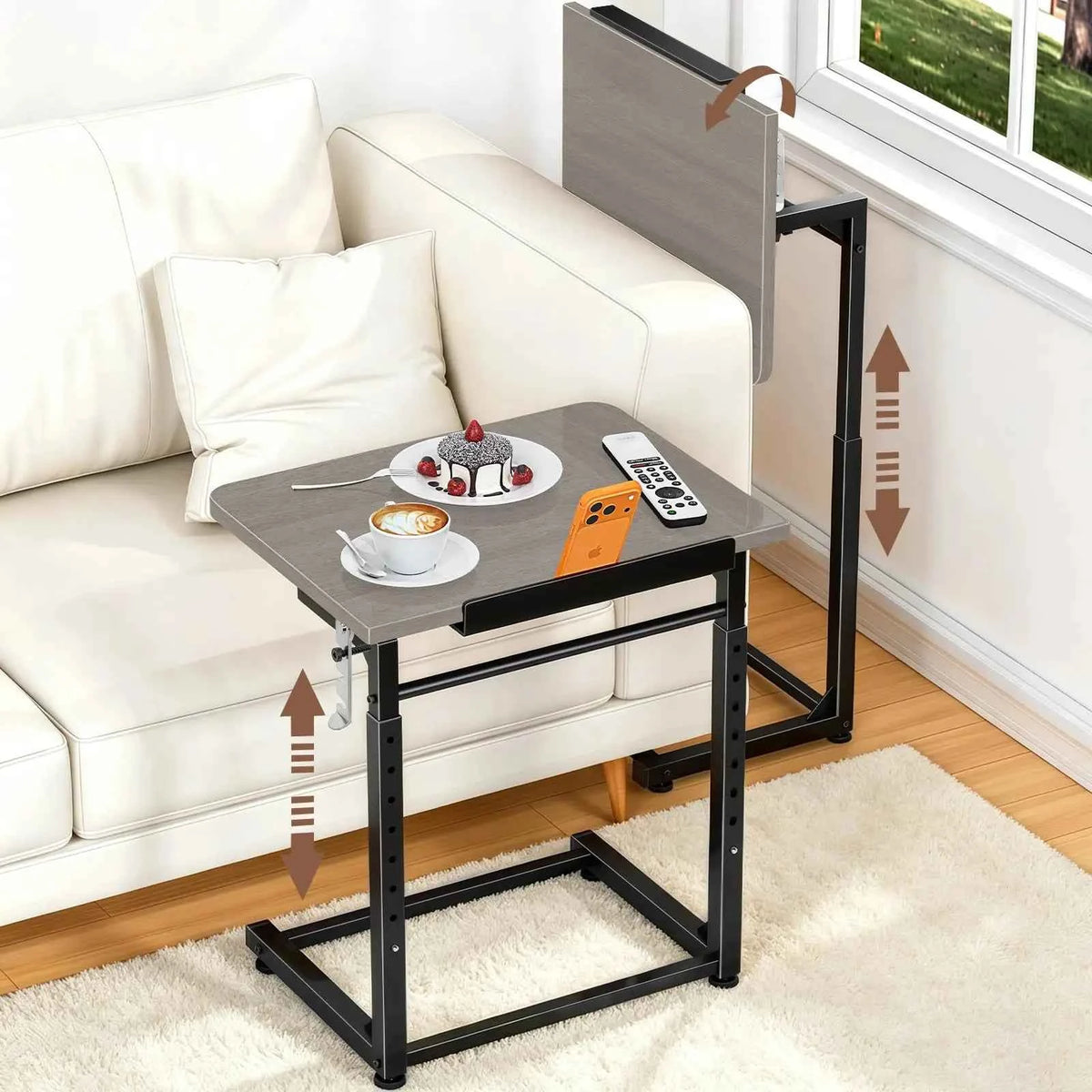 Extra Large Heavy Duty TV Tray Table, 23.6" Folding C-Shaped. Laptop Desk.  Height & Tilt Adjustable. End Table with Phone/Tablet Slot, Easy Clean. Walnut Finish
