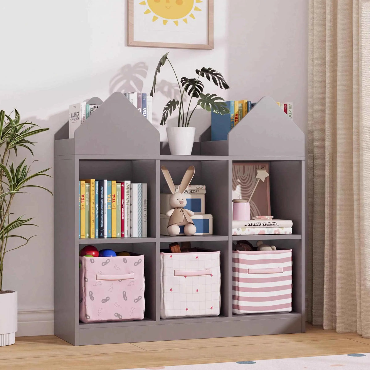 Kids Bookshelf And Toy Storage Organizer With 4 Book Racks, 6 Open Cubbies, Castle Design.