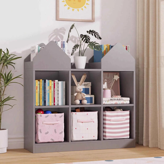 Kids Bookshelf And Toy Storage Organizer With 4 Book Racks, 6 Open Cubbies, Castle Design.