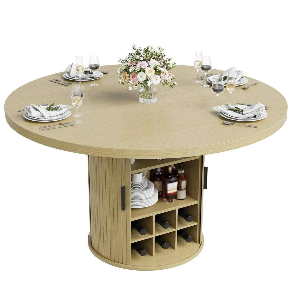 47 Inch Round Dining Table For 4-6 With Hidden Storage, 6 Bottle Wine Rack & Glass Holder, Kitchen Table For Home Dining